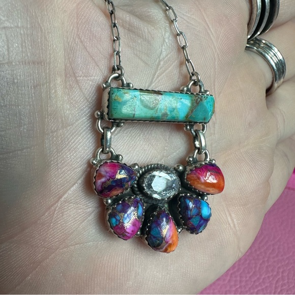 Jewelry - Colorful Sterling Turquoise Dahlia and Spiny Oyster Gemstone Pendant Necklace